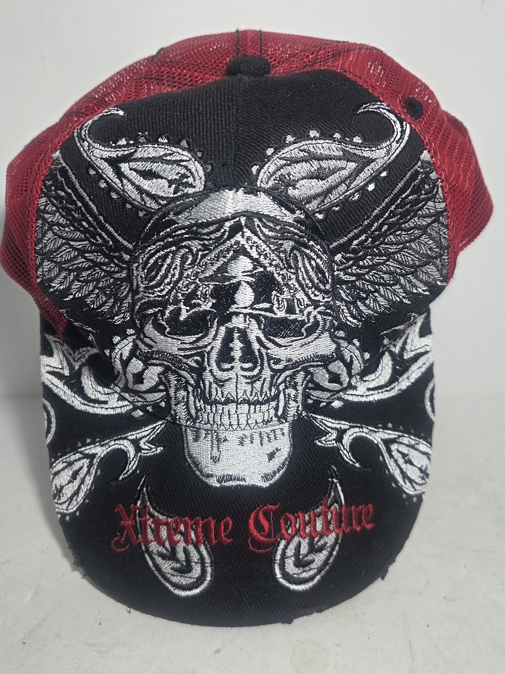 Xtreme Couture Mens Trucker Hat Snapback Skull Wings Graphic Red Black Y2K MMA